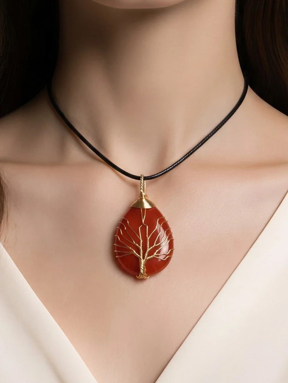 Natural Red Jasper Tree of Life Wire Wrapped Necklace Gold Pendant Genuine Stone